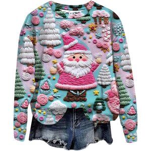 Yinbwol Women Multi Long Sleeve Oversize Round Neck Pull On Christmas Sweatshir